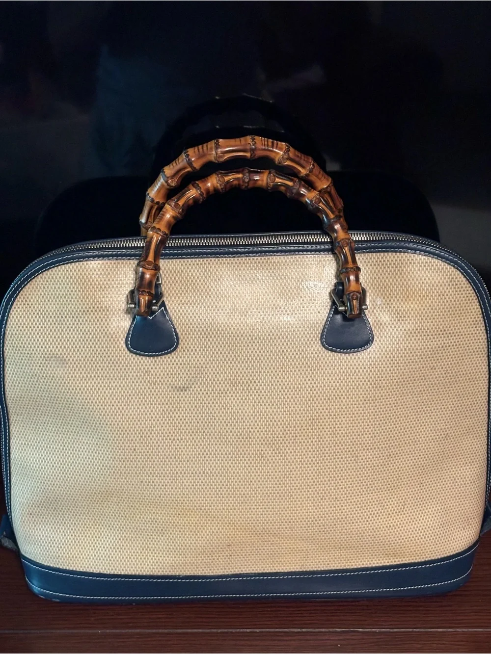 Dooney & Bourke Beige Woven Satchel with Brown Bamboo Handles and Navy Trim